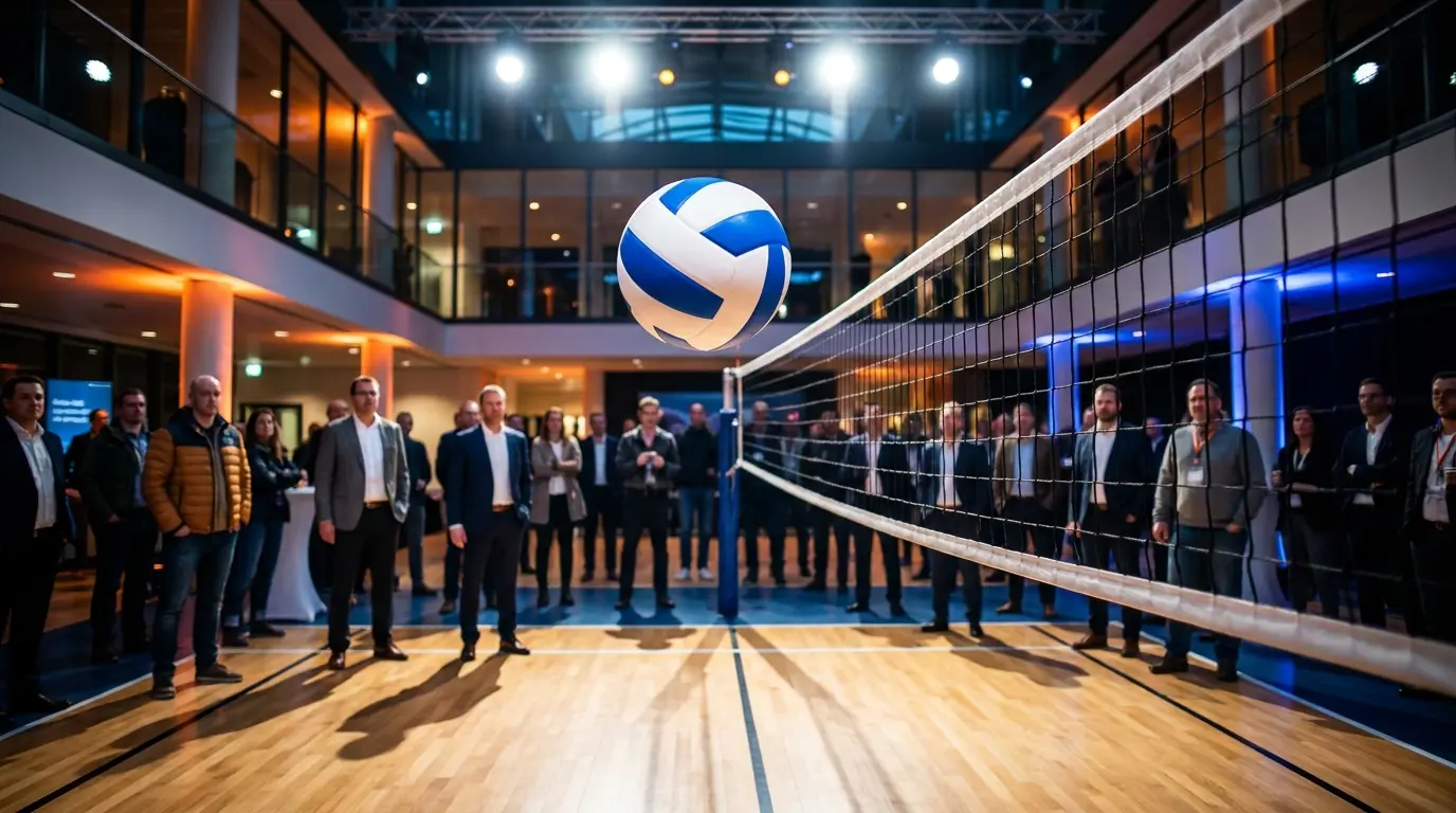 Pallone da pallavolo in volo sopra la rete con illuminazione drammatica