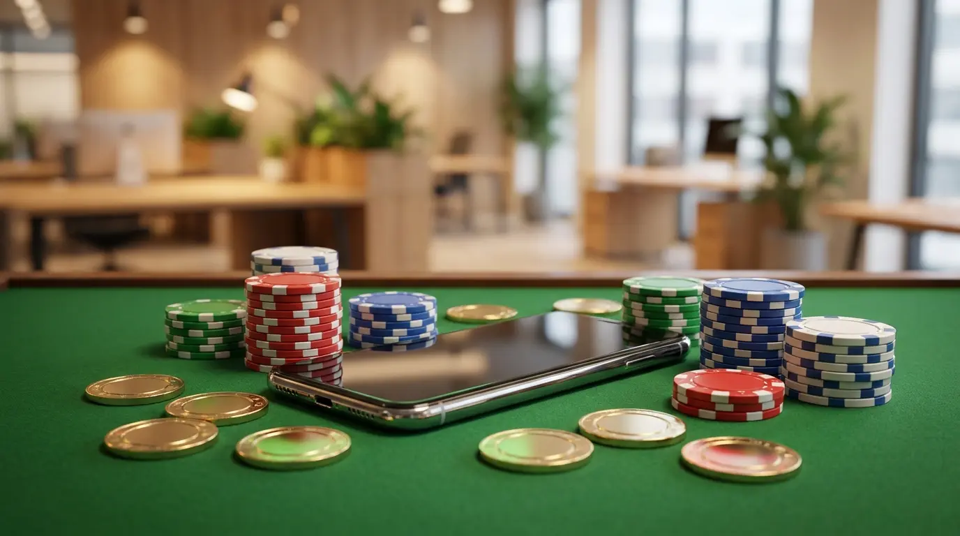 Smartphone con monete euro e fiches per scommesse sportive