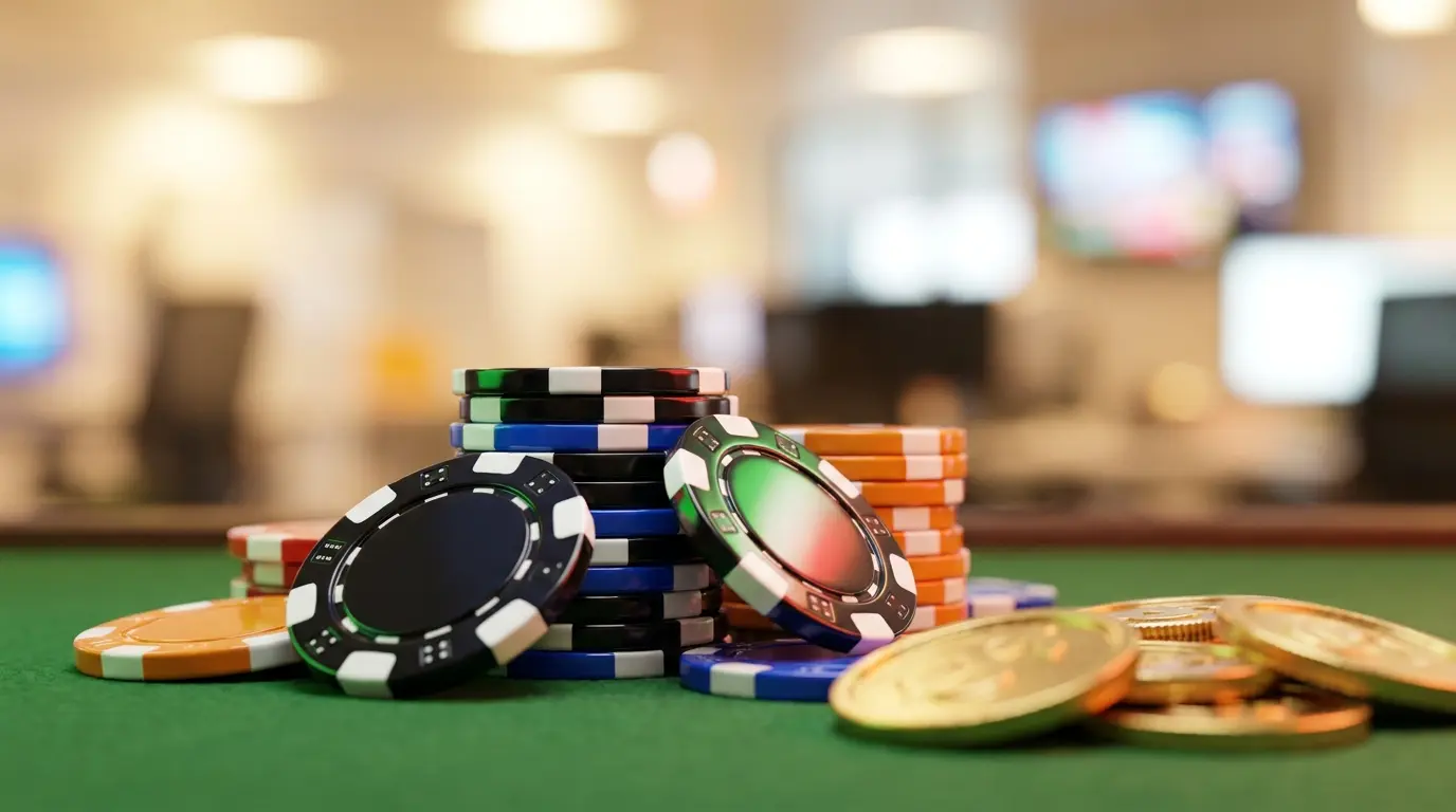 Fiches da casinò e monete dorate su tavolo da gioco verde