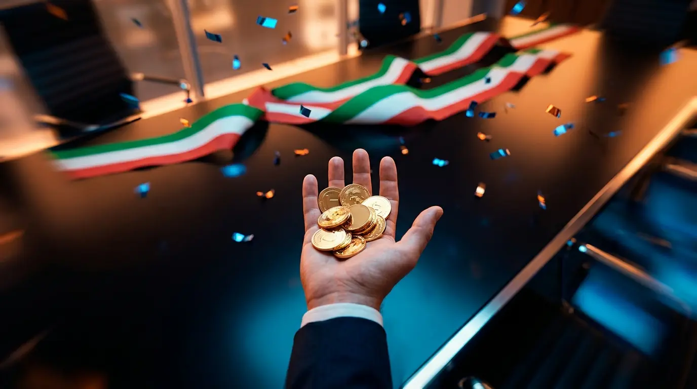 Mano che tiene monete dorate con nastri tricolore italiani