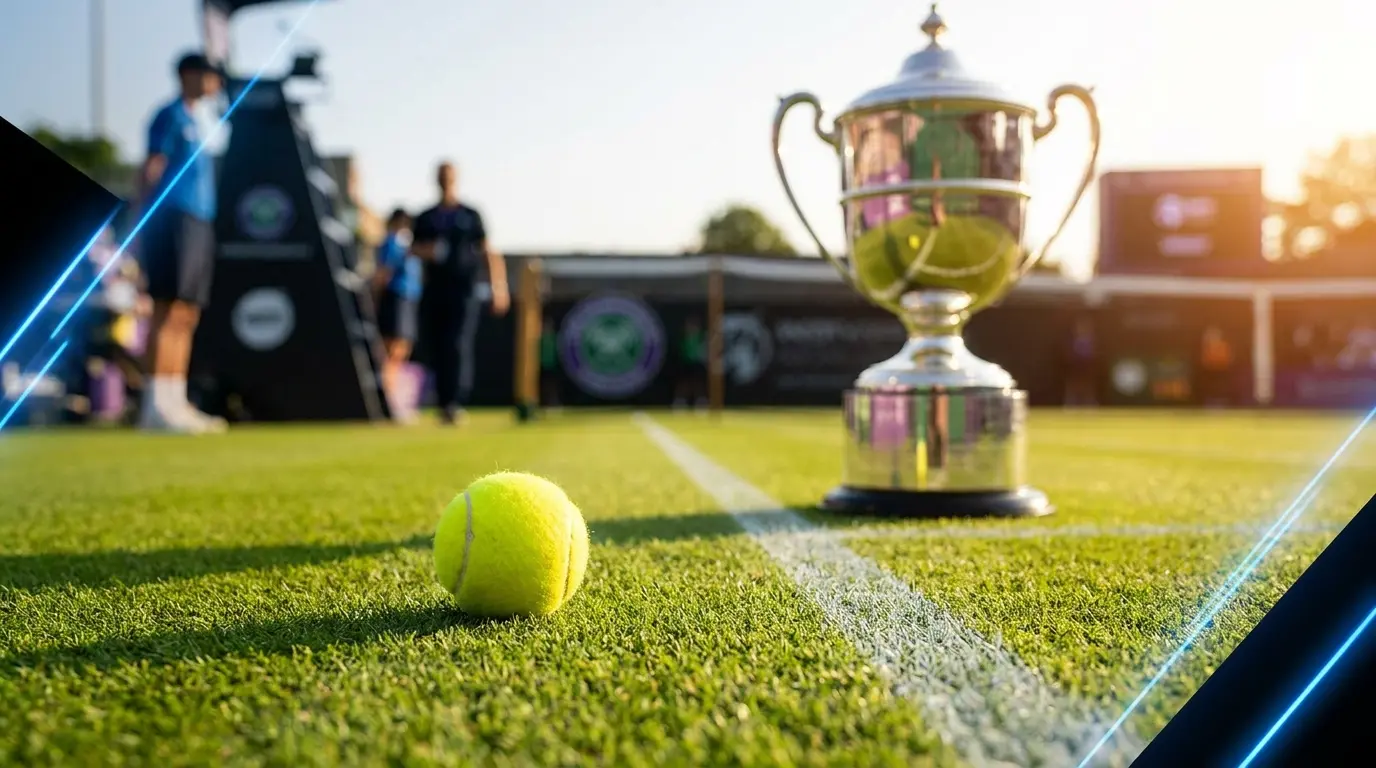 Pallina da tennis su campo in erba con trofeo di Wimbledon