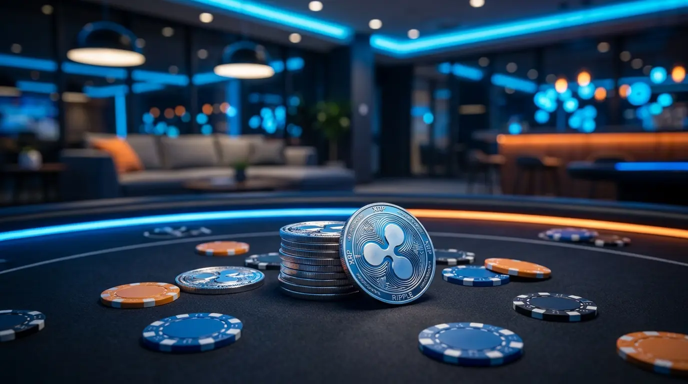 Monete XRP e fiches da poker su tavolo da casinò
